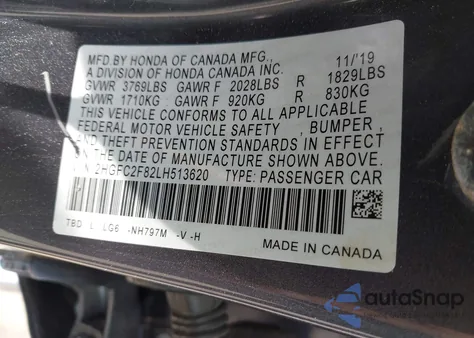 2020 Honda Civic Sport из США, поврежденный, VIN 2HGFC2F82LH513620